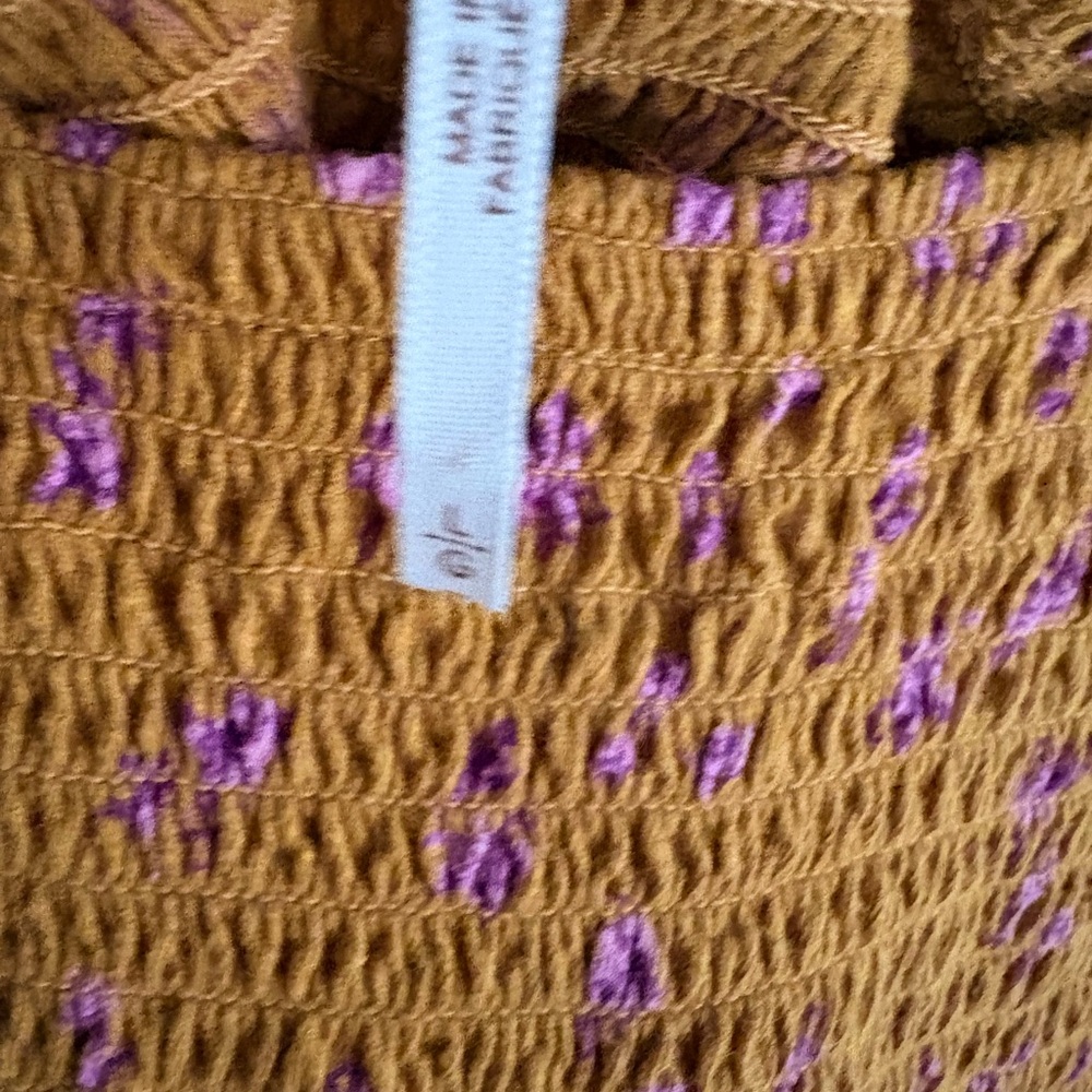 Free People Mustard Smocked Crop Top with Magenta Printed Puff Sleeves - Picture 3 of 4